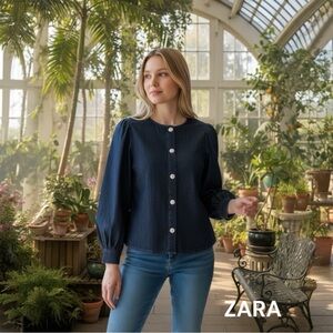 ZARA Navy Denim Jean Shirt Top xs
